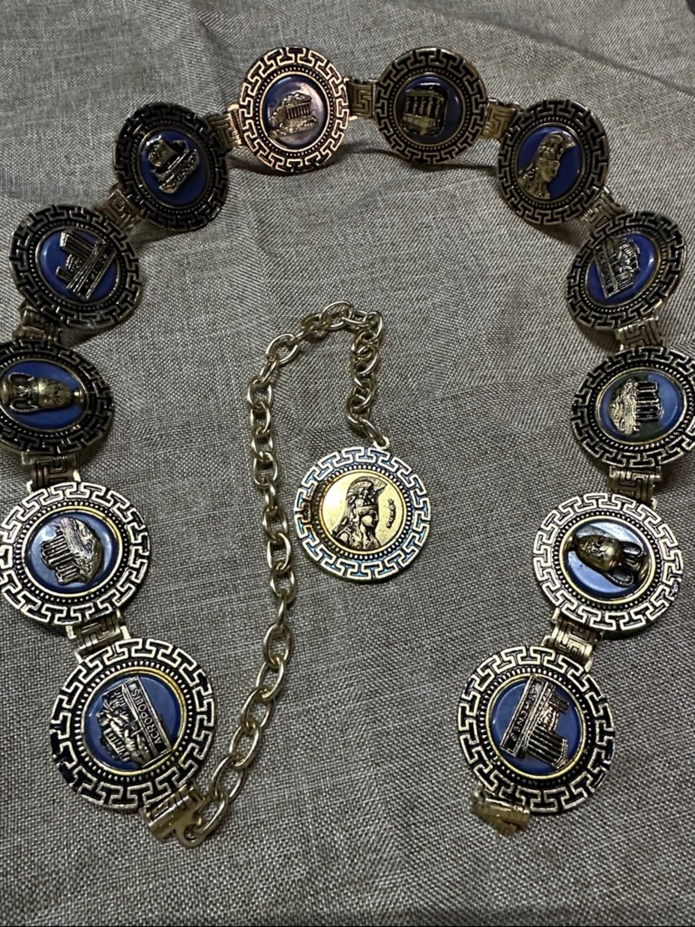 Vintage 1970’s Gold Tone Medallion Link Belt with Blue Enamel Accents